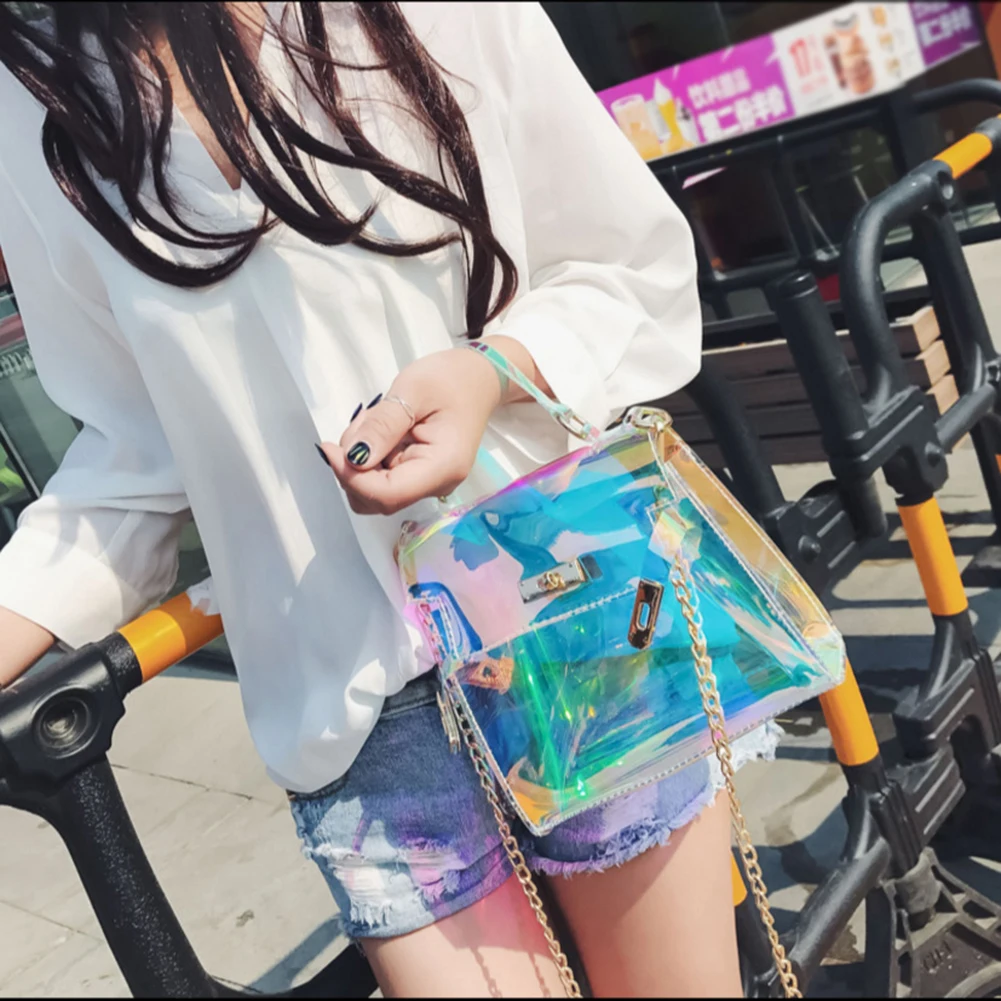 Летние сумки через плечо для женщин 2019 прозрачные из лазерной кожи дизайнерская