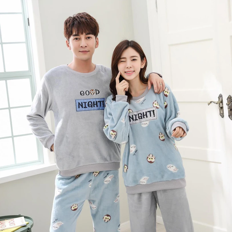 2019 Winter Couples Thick Warm Flannel Pajama Sets For Women Long Sleeve Coral Velvet Pyjama Men Cute Cartoon Sleepwear Homewear | Женская