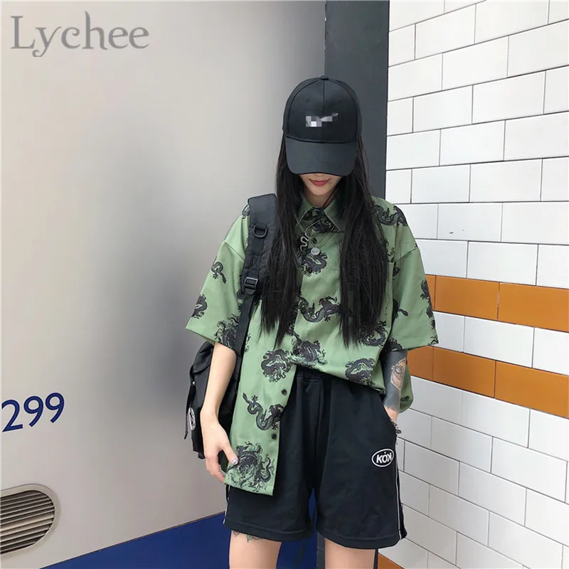 Lychee Harajuku с принтом дракона, женская рубашка, блузка, Темный Короткий рукав, отложной воротник, свободные летние зеленые женские рубашки, блузки