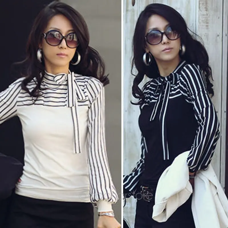 Формальная элегантная Офисная женская черная белая полосатая футболка с бантом