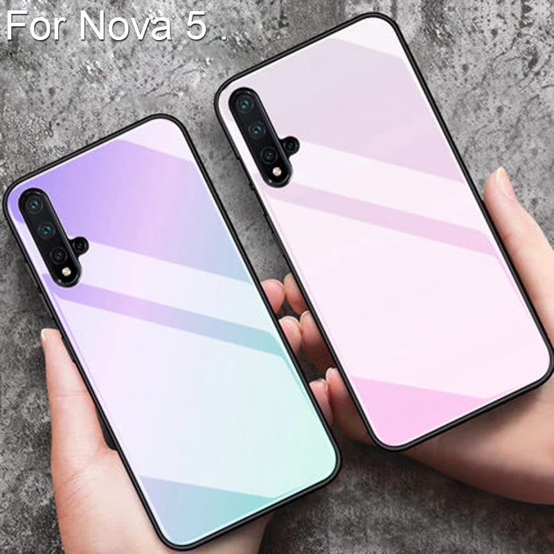 

Tempered Glass Case For Huawei Nova 5 Gradient Color Back Cover For Huawei Nova 5 Soft Silicone Phone Cases Nova5