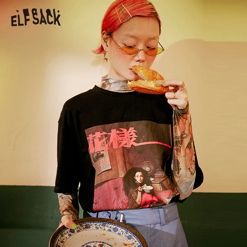 ELF SACK винтажный принт женские черные базовые футболки 2019 летние модные уличный