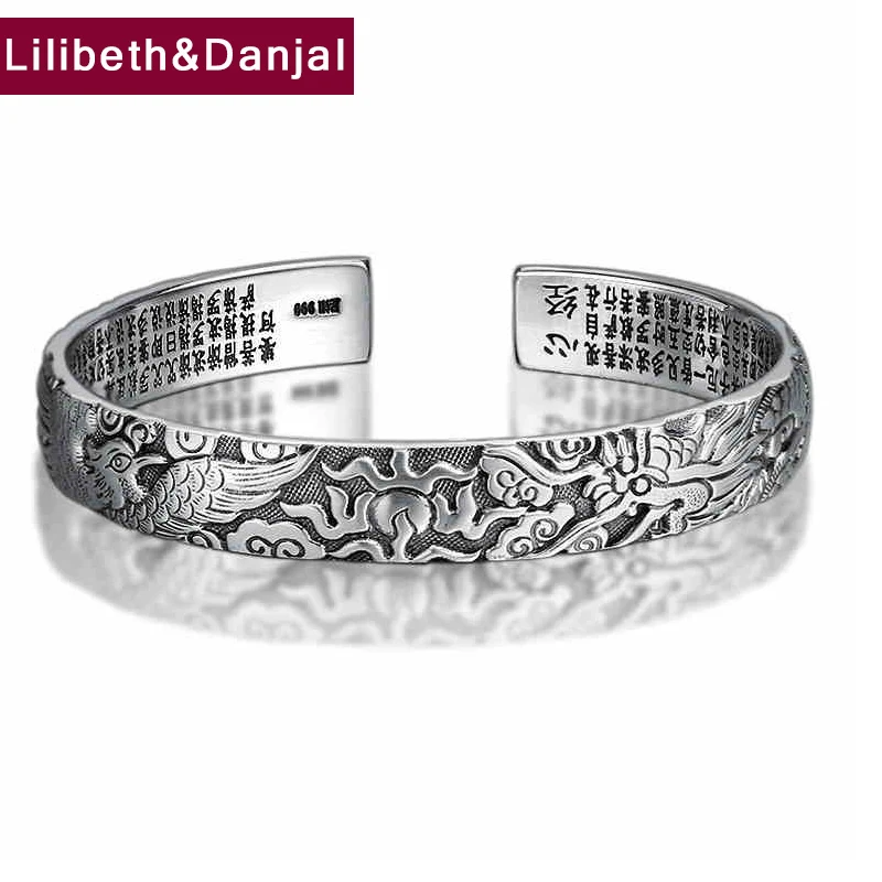 

60mm Dragon and Phoenix 100% Real S999 Sterling Silver Bangle for Women and Men Couple Fine Jewelry for Wedding Together GB102