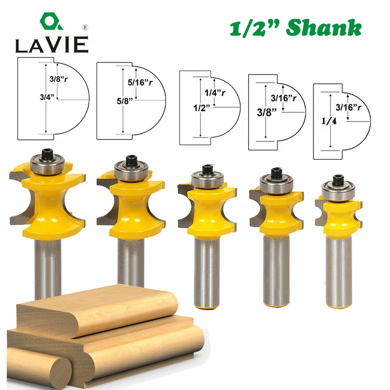 

LAVIE 5 PCS 12mm 1/2 Shank Bullnose Half Round Bit with Bearing Endmill Bits for Wood Woodworking Tool Milling Cutter MC03009