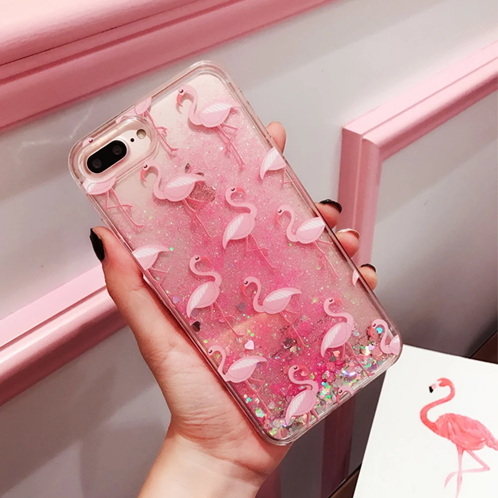 Glitter Dynamic liquid Flamingo Phone Cases For iPhone 6 6s 7 8 Plus Case Silicone Cover X Girly Coque Capa |