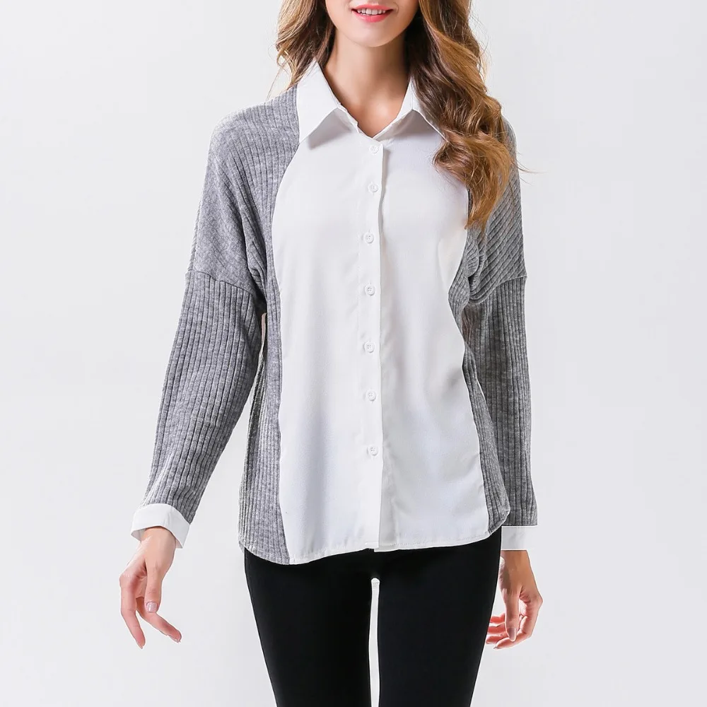 Осень Зима блузка рубашка женская 2018 Blusas трикотажные Лоскутные Blusa повседневные
