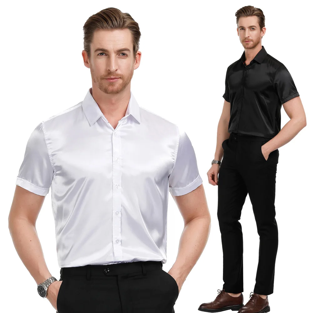 

Men summer shirt black/white classic basi Slim pure Color Short Sleeve blouse office turn-down Collar Satin Shirt casual Tops