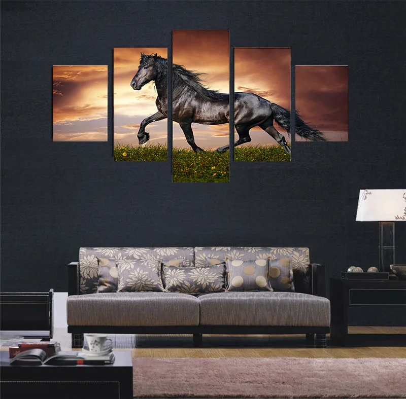 Free shipping 2017 New Style Frameless painting Black Stallion canvas wall art 5 panel for bedroom living room home decor | Дом и сад