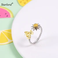bee flower ring 925 sterling silver adjustable silver ring open ring daisy flower ring for women r6250bk