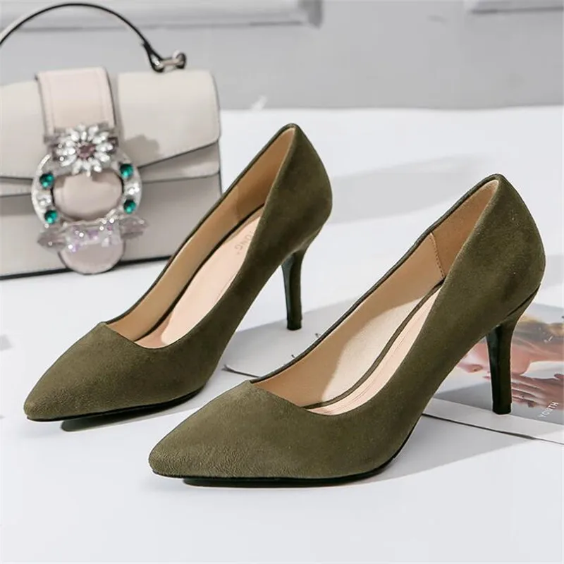 

Женские туфли-лодочки из флока, однотонные зеленые вечерние Фли без шнуровки с острым носком, на тонком высоком каблуке 8 см, неглубокие Свад...