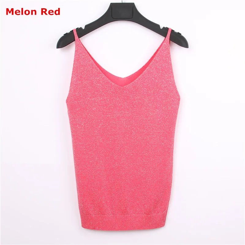 Melon Red Женская майка с люрексом, Вязанная, элегантная, облегающая, сексуальная, с открытыми плечами, безрукавка, без спинки, топ, жилет, v-образный вырез, одноцветная майка, свитер - Цвет: Melon Red