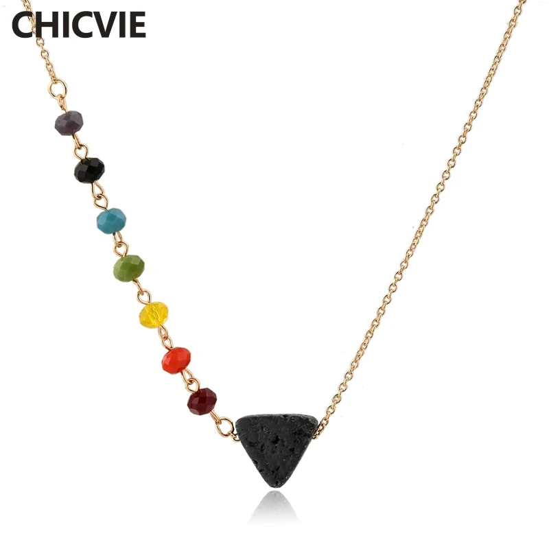 

CHICVIE Colorful Charm Beaded Chakra Lava Stone Necklace Rainbow Beads Crystal Triangle Statement Pendant Necklaces SNE180025