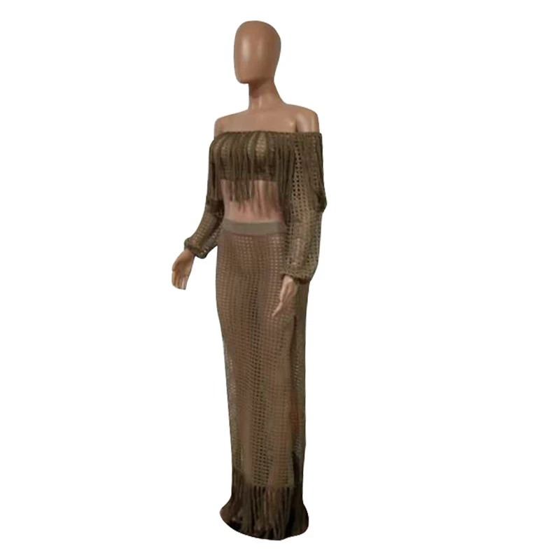 

Adogirl Tassel Hollow Out Fishnet Two Piece Set Summer Beach Dress Off Shoulder Lantern Sleeve Crop Top + Side Slit Maxi Skirt