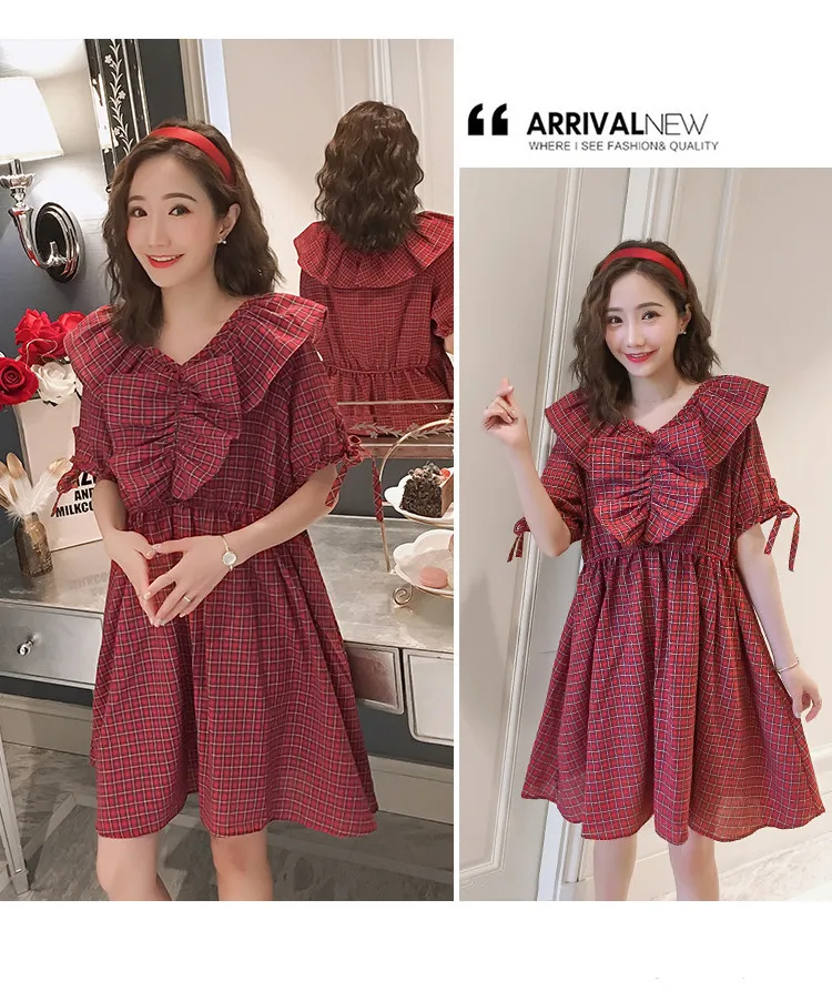 Poungdudu maternity pregnant women dress cotton linen lattice shirt clothes Real shot spot summer | Мать и ребенок