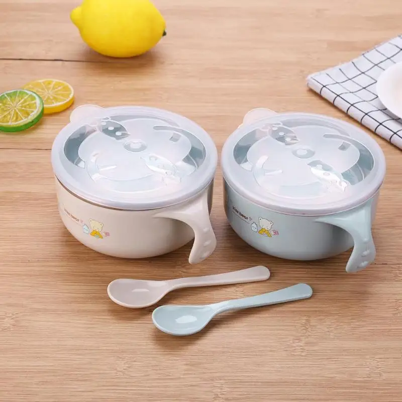 1 шт. набор посуды для кормления с рисунком из мультфильма, Детская Чаша для инъекций из нержавеющей стали, ложка для детского питания, безопасные закуски для фруктов, случайный цвет