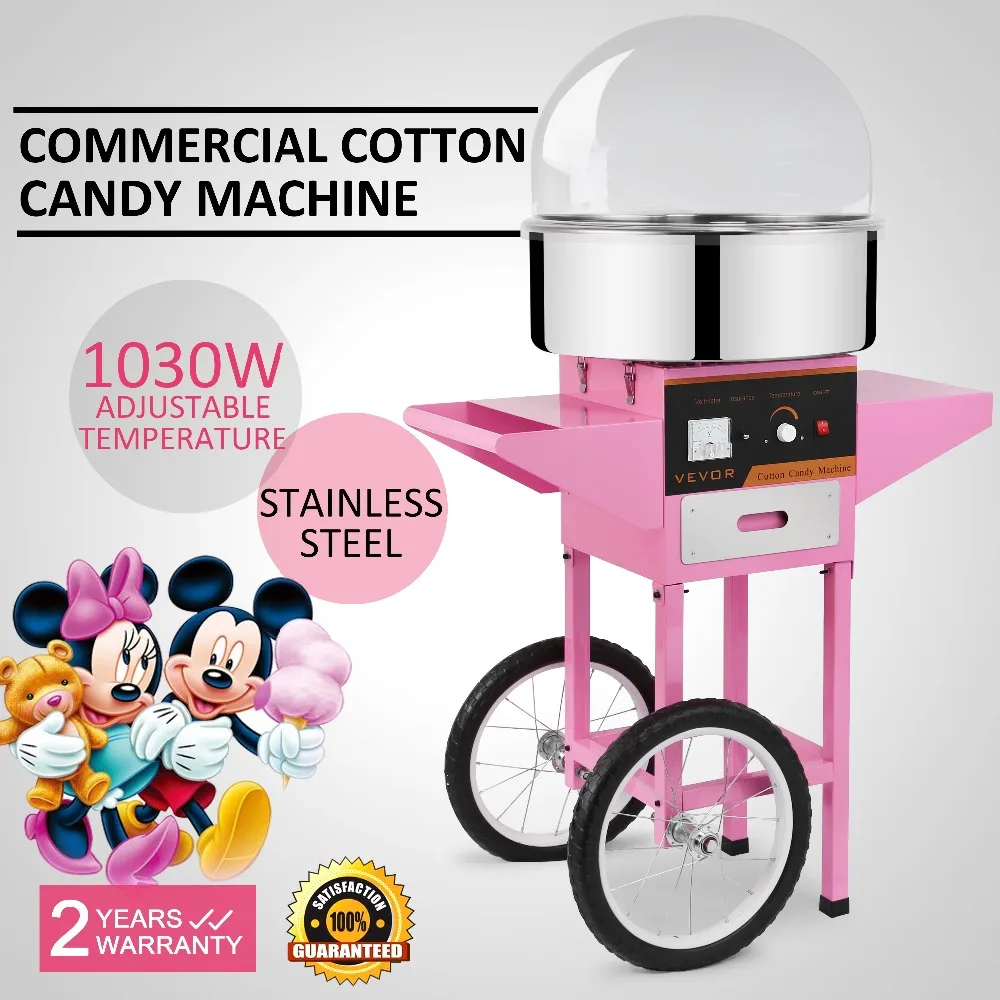 

Electric Commercial Cotton Candy Machine / Floss Maker Pink VEVOE Best Price W/COVER WHEEL CART CE Certification.