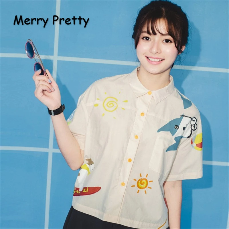 Женская блузка с коротким рукавом MERRY PRETTY летняя рубашка отложным воротником и