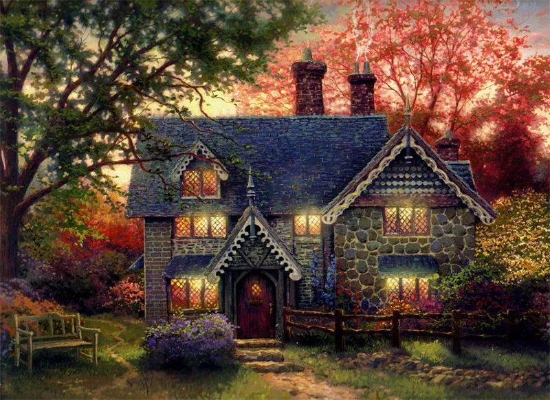 

Free shipping Thomas Kinkade reproduction landscape giclee prints canvas cottage in forest nice quality wall art decor