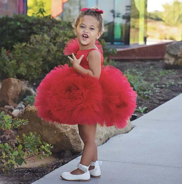 Red short Puffy tulle Ruffles flower girl dresses for party Christmas knee length sleeveless baby infant tutu 1st birthday gown | Детская