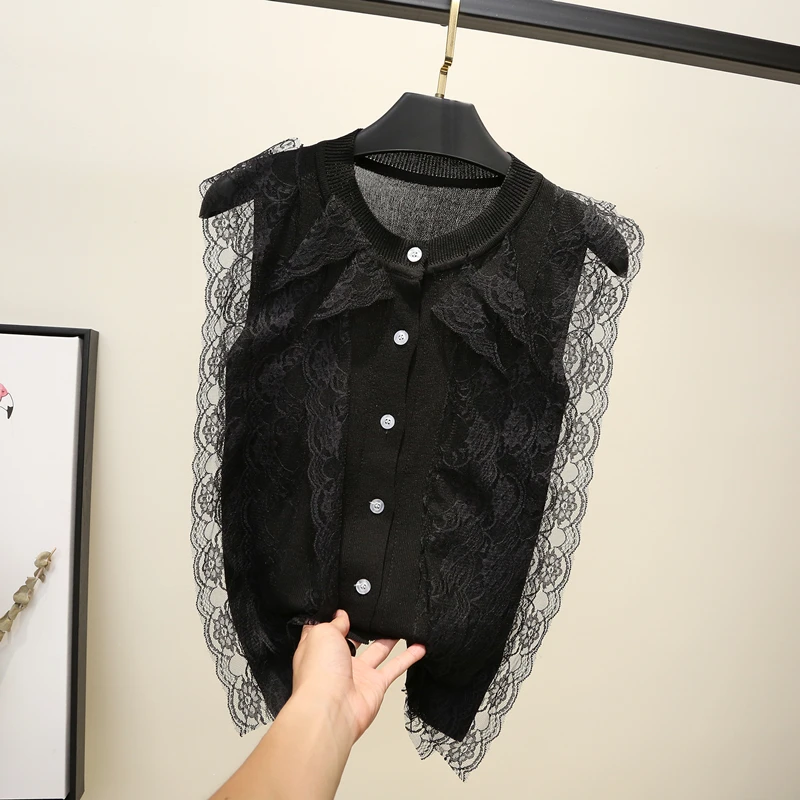 New Fashion Summer Hollow Out Ice Silk Vest Women OL Sleeveless Knitted T-Shirt O-Neck Patchwork Lace Tops Tees G183 | Женская одежда
