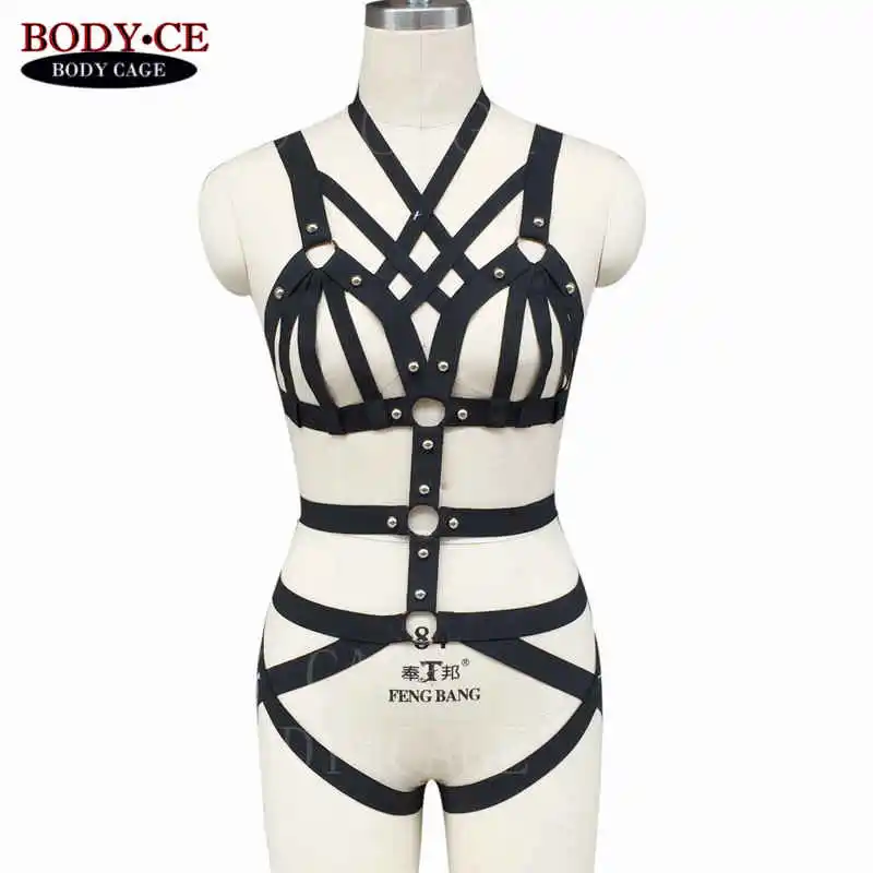 Black N0077 Пентаграмма боди жгут БДСМ бандаж, подвязки, пояс Набор Черная эластичная регулировка ремень белье HarajukuGoth Фетиш Хэллоуин танцевальная одежда - Цвет: Black N0077