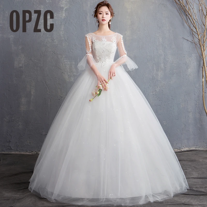 

New fashion simple Korean Lace appliques Ball Gown cheap Wedding Dress 2020 sweet Three Quarter Customized Bridal Real Photo