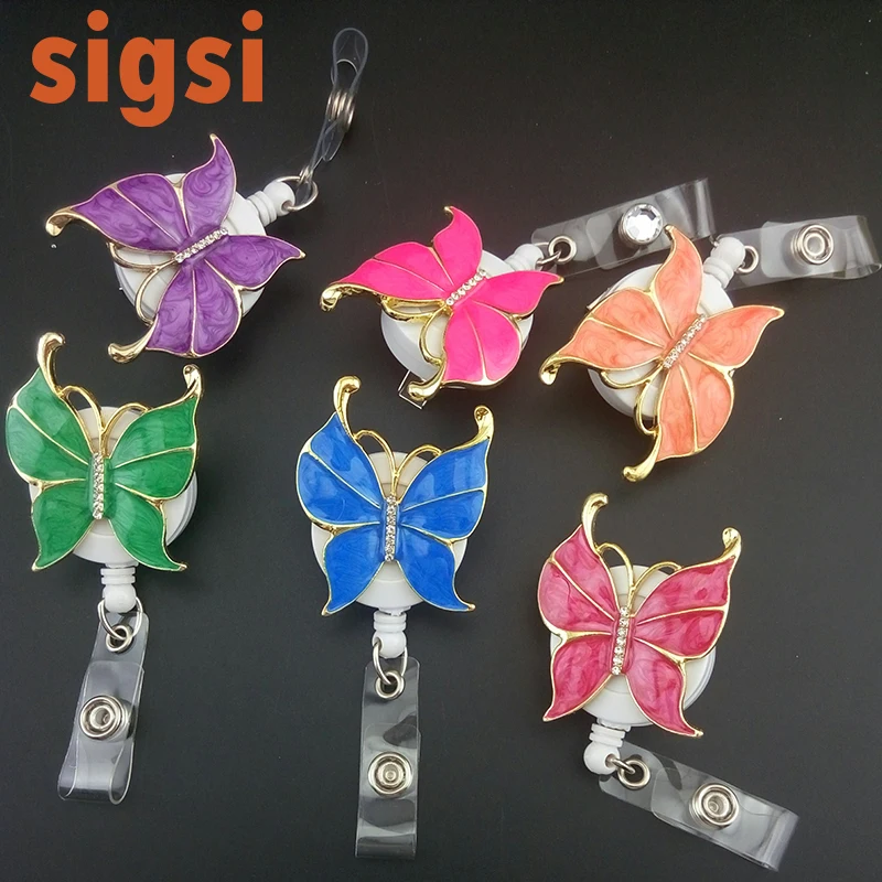 

hot selling 50pcs colour enamel rhinestone butterfly animal retractable ID badge holder reel for nurse/gift/wedding invitation