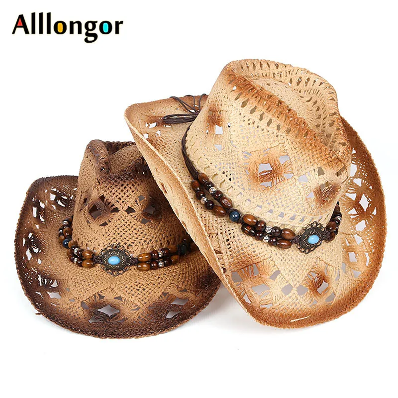 

Fashion Summer 2022 Men Cowboy Hat Women Retro Vintage Turquoise Leather Strap Cowboy Cowgirl Caps Western Summer Beach Sun Hat