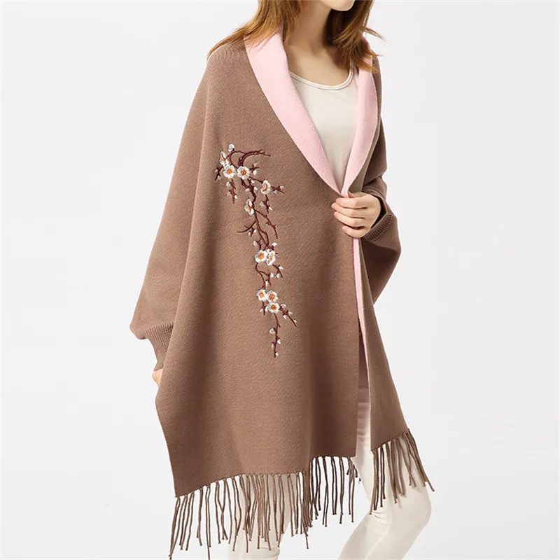 Пончо Femme Hiver шаль обёрточная бумага шарф женское Inverno пальто для женщин кисточкой пашмины кардиган вышивка сливы цветок теплые шарфы для