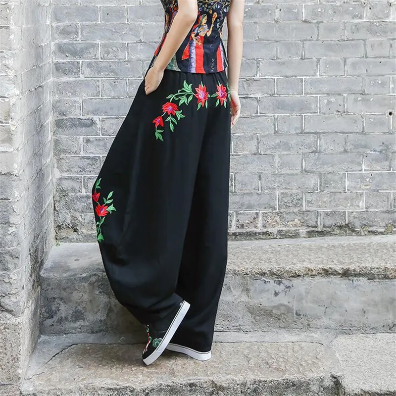 Женские шаровары с вышивкой повседневные обтягивающие брюки в национальном