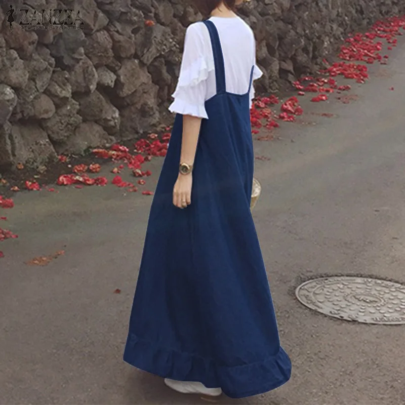 Платье ZANZEA женское джинсовое с оборками Винтажный Длинный Однотонный сарафан