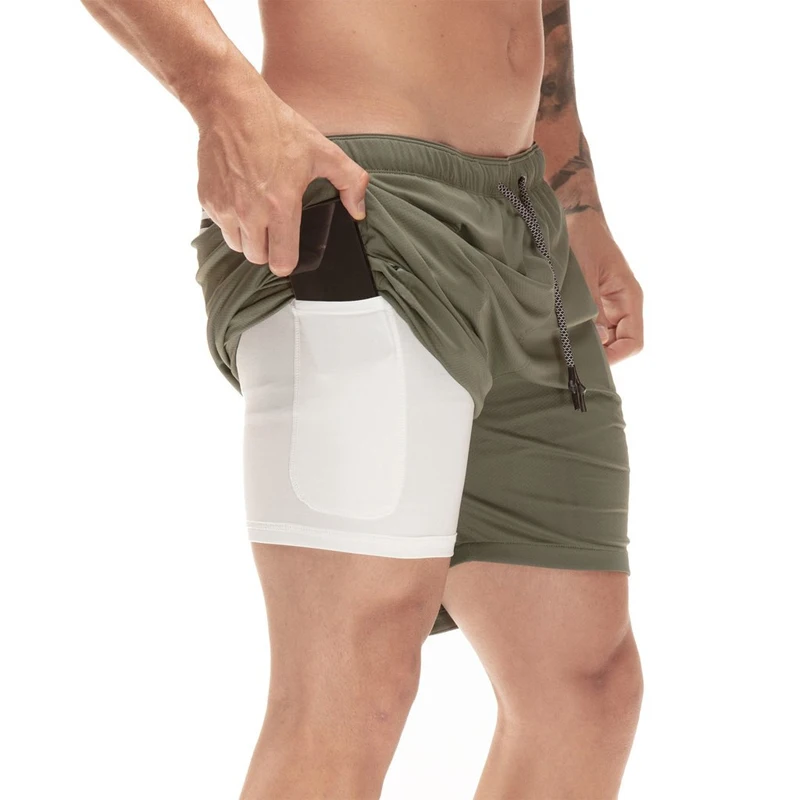 2 em 1 dos homens Shorts de Corrida Seguranca Bolsos Calcoes Secagem Rapida Desporto Lazer Embutidos Quadris Hiden | Мужская одежда