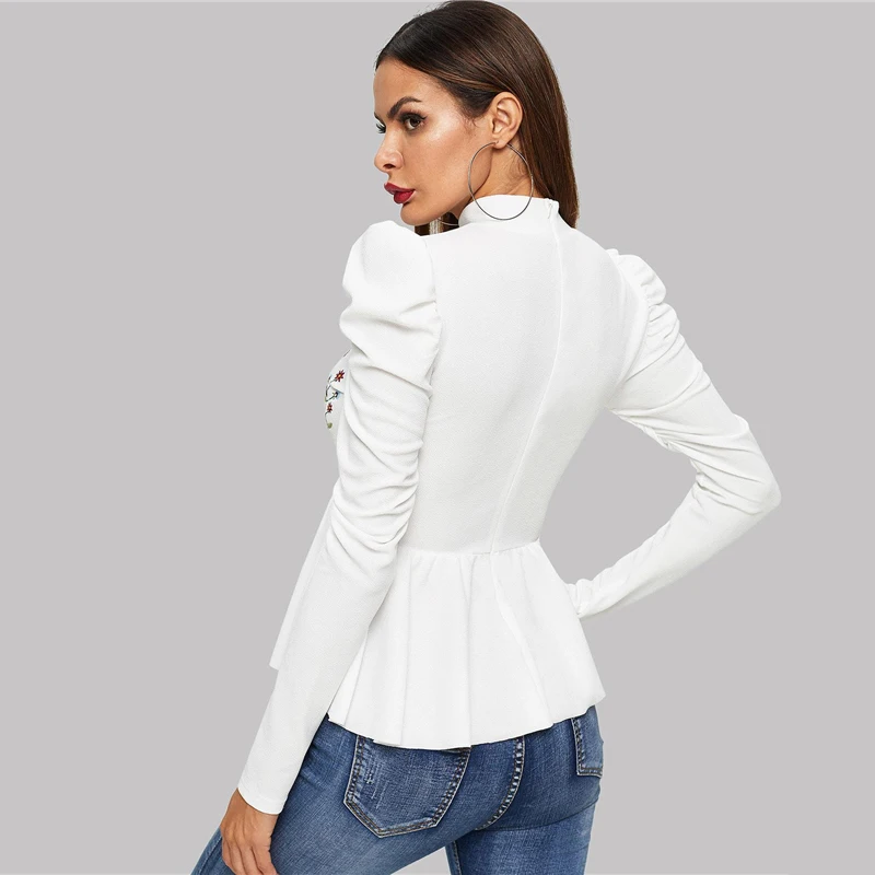 Dotfashion/Женские топы и блузки с вышитыми белыми цветами и рюшами, осенняя одежда, Повседневный пуловер с длинным рукавом, модная рубашка