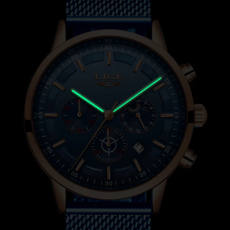 Часы наручные LIGE Мужские кварцевые модные брендовые водонепроницаемые с синим