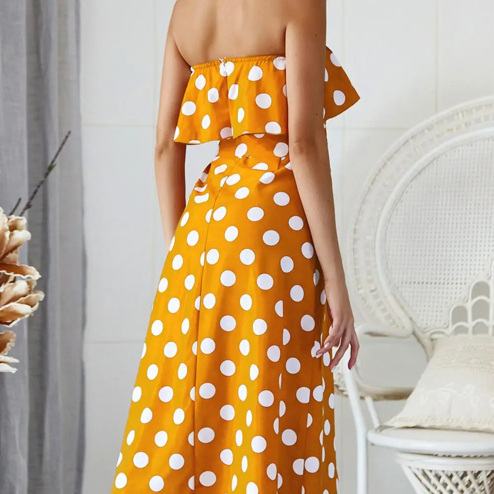 Новое Женское Платье макси с открытыми плечами и принтом в горошек летнее