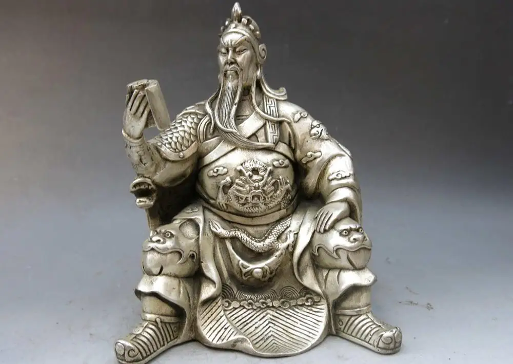 

7" China silver handwork carved dragon military sages Guan Yu Sculpture Statue