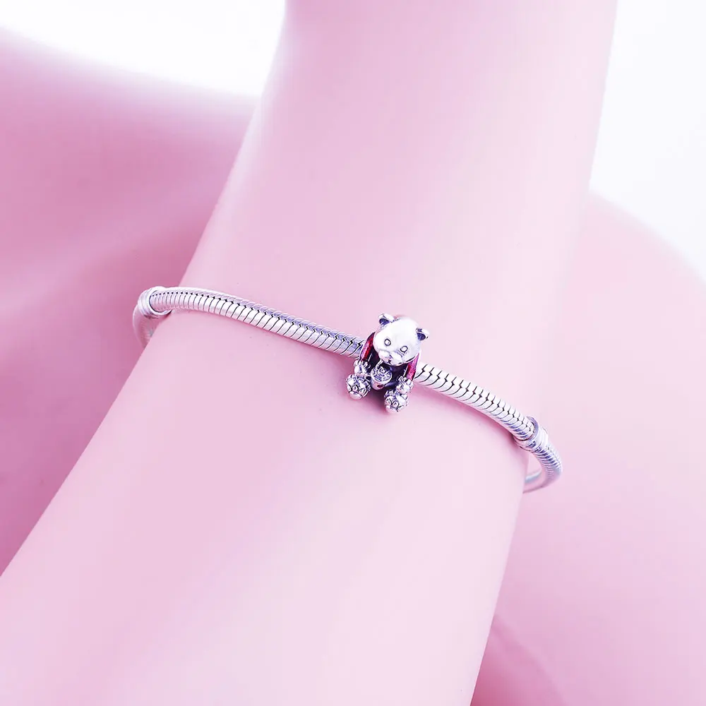 Fit Pandora очаровывательный браслет ювелирные изделия подарок Горячая 925 стерлингового серебра Рождественский Медведь Подвески бусины с красной эмалью