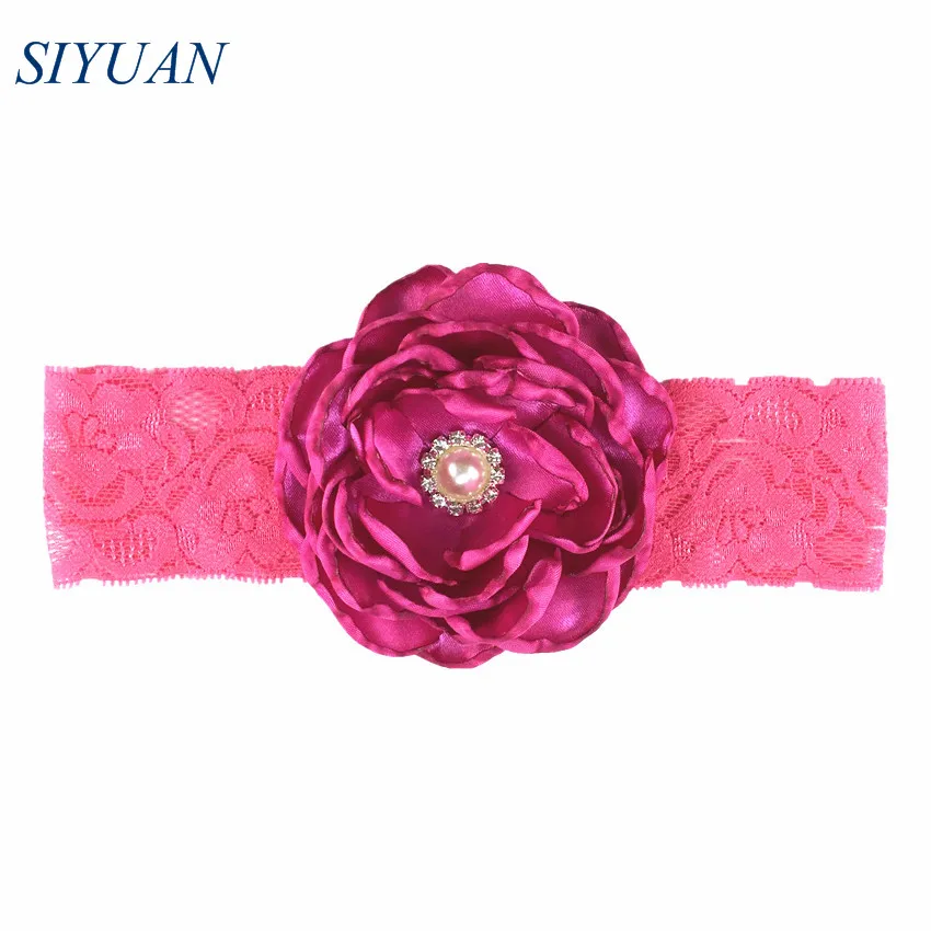 1pcs/lot Elastic Lace Headband with Luxe 7 Layer Burned Satin Flower Rhinstone Button Centered Girl Party Headwear HB066 | Аксессуары