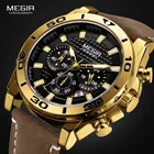 MEGIR Мужские кварцевые часы с кожаным ремешком, водонепроницаемые светящиеся армейские спортивные наручные часы с хронографом, мужские часы 2094 золотого цвета
