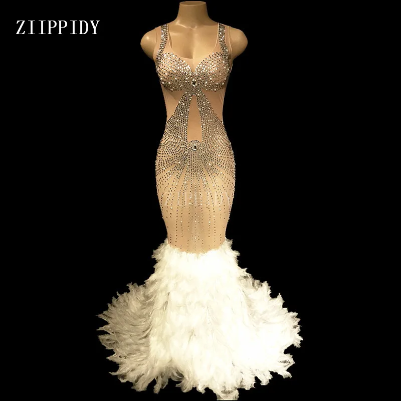 Модный дизайн белое перо телесное Сетчатое платье с камнями празднование дня