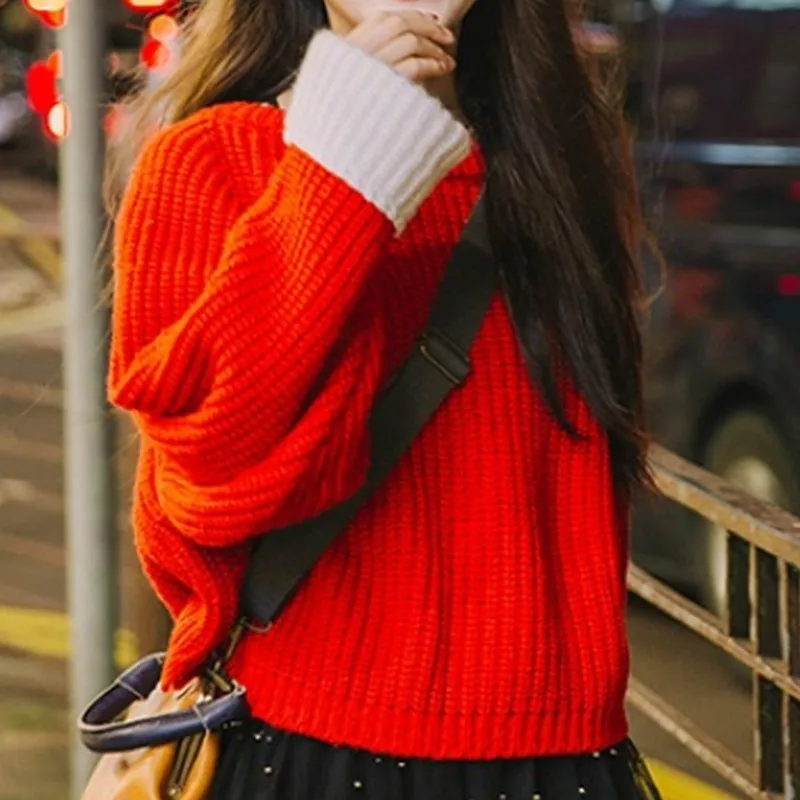 Fashion O-neck Women's Sweater Korean Vintage Color Block Cuffs Loose Bat Sleeve Pullovers Woman Winter 2019 | Женская одежда