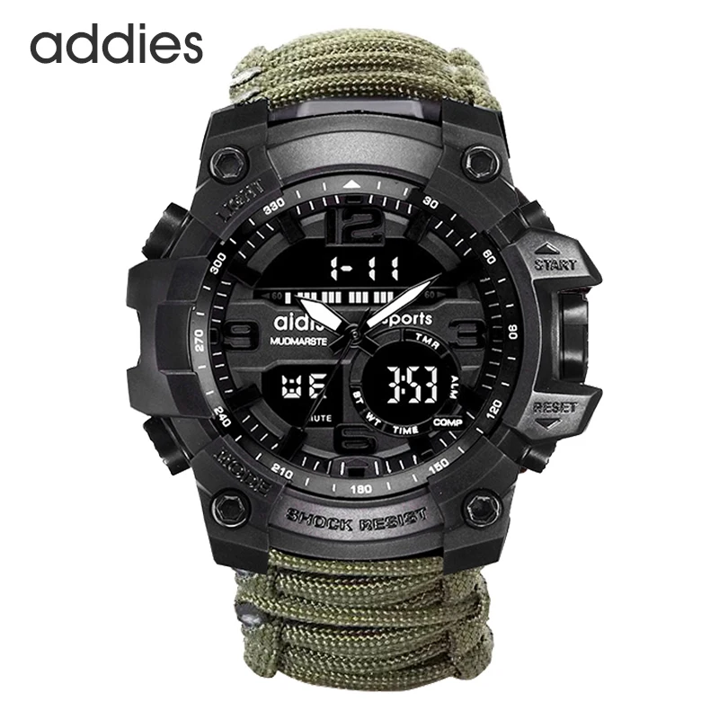 Green Спортивные мужские часы 50 м, компас, многофункциональные военные наручные часы с ЖК-дисплеем, цифровой секундомер, резиновые водонепроницаемые светящиеся наручные часы - Цвет: Green