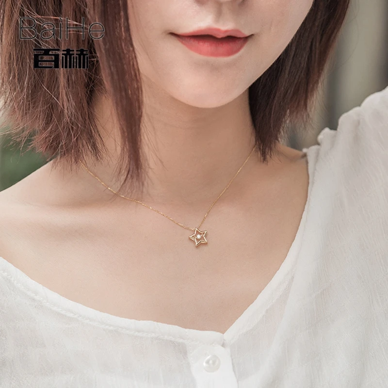 BAIHE Solid 18K Yellow Gold 0.08ct H/SI Natural Dancing Diamond Women Trendy Fine Jewelry Gift beautiful Star Necklaces | Украшения и