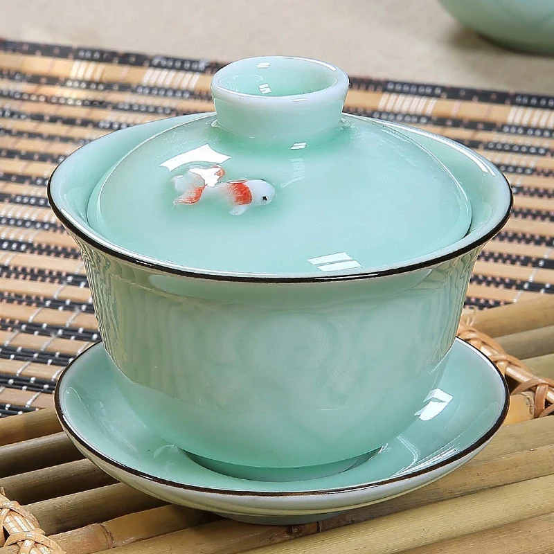 Китайский Селадон рыбы gai wan Чай Комплект костяного фарфора чашки Dehua gaiwan фарфор