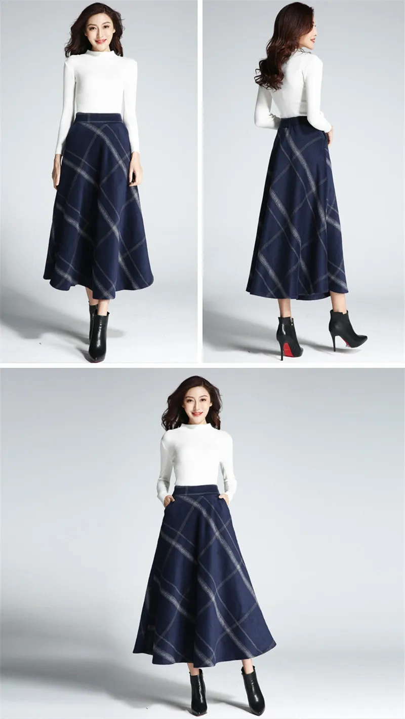 Women Skirts Autumn Winter High Waist Warm Thick Wool Blends Plaid Elegant Pleated Patchwork Chic Pocket Long Skirts Female