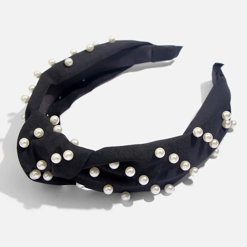 Bohemian Solid Color Soft Velvet Center Knot Wide Pearl Hairband Ladies multiple color Knotted Hairband Hair Accessories - Metal color: H0067BK
