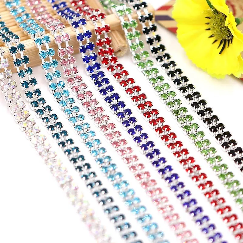 CJSIR 1 Yard 2Rows Rhinestone Cup Chain Silver Base with Claw Cloth Decoration Trim Applique Sew on Garment Bags Crafts | Дом и сад
