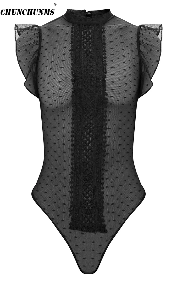 

2018 Sexy Perspective Women Bodysuits O-neck Patchwork Petal Sleeve Female One Piece Jumpsuits Lace Vintage Women Rompers J09