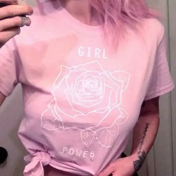 Новая мода Улица &quotGIRL POWER&quot Письмо Печатные Роза короткий рукав Футболка с
