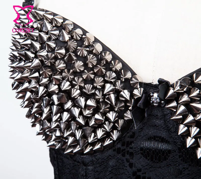 Черный/серебристый Спайк Заклепки Шпильки ремень Overbust корсет стимпанк Корсеты и